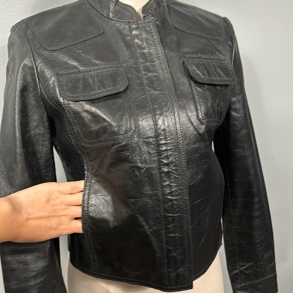 DKNY Donna Karan City Black Leather Jacket Moto Style Hard Leather size Petite - Picture 15 of 17